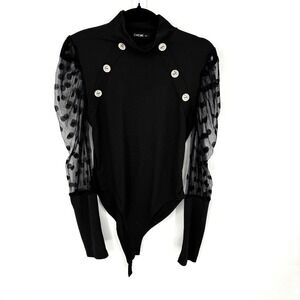 CHICME Black Mock Neck Bodysuit Polka Dot Mesh Sheer Puffy Sleeve Button Detail